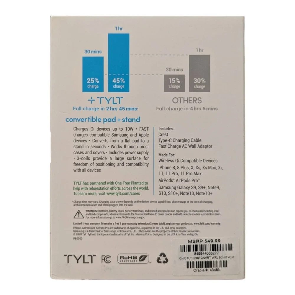 R6-O Crest TYLT Convertible Charging Pad Stand Fastest Wireless Charger - White